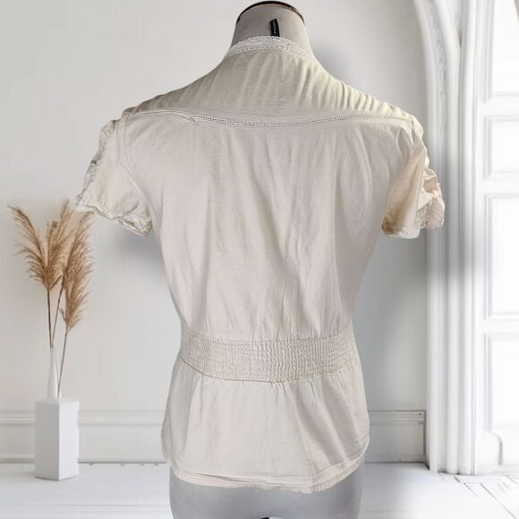 Naf Naf Ivory Cotton Top Size L Pintucks Crochet Lace Trim - Picture 3 of 14